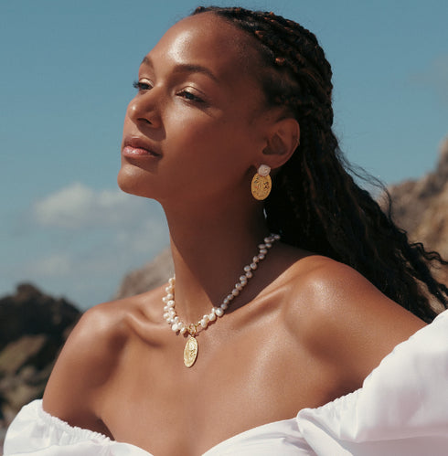 Oval Goddess Gold Coin Pearl Necklace and Earrings (Purchase Individually) - Zafari Studio Jewelry